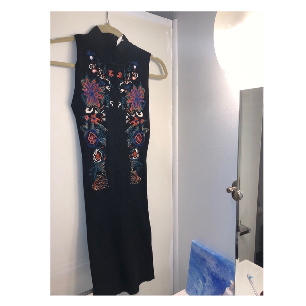 Turtleneck Sweater Dress with Floral Embroidery